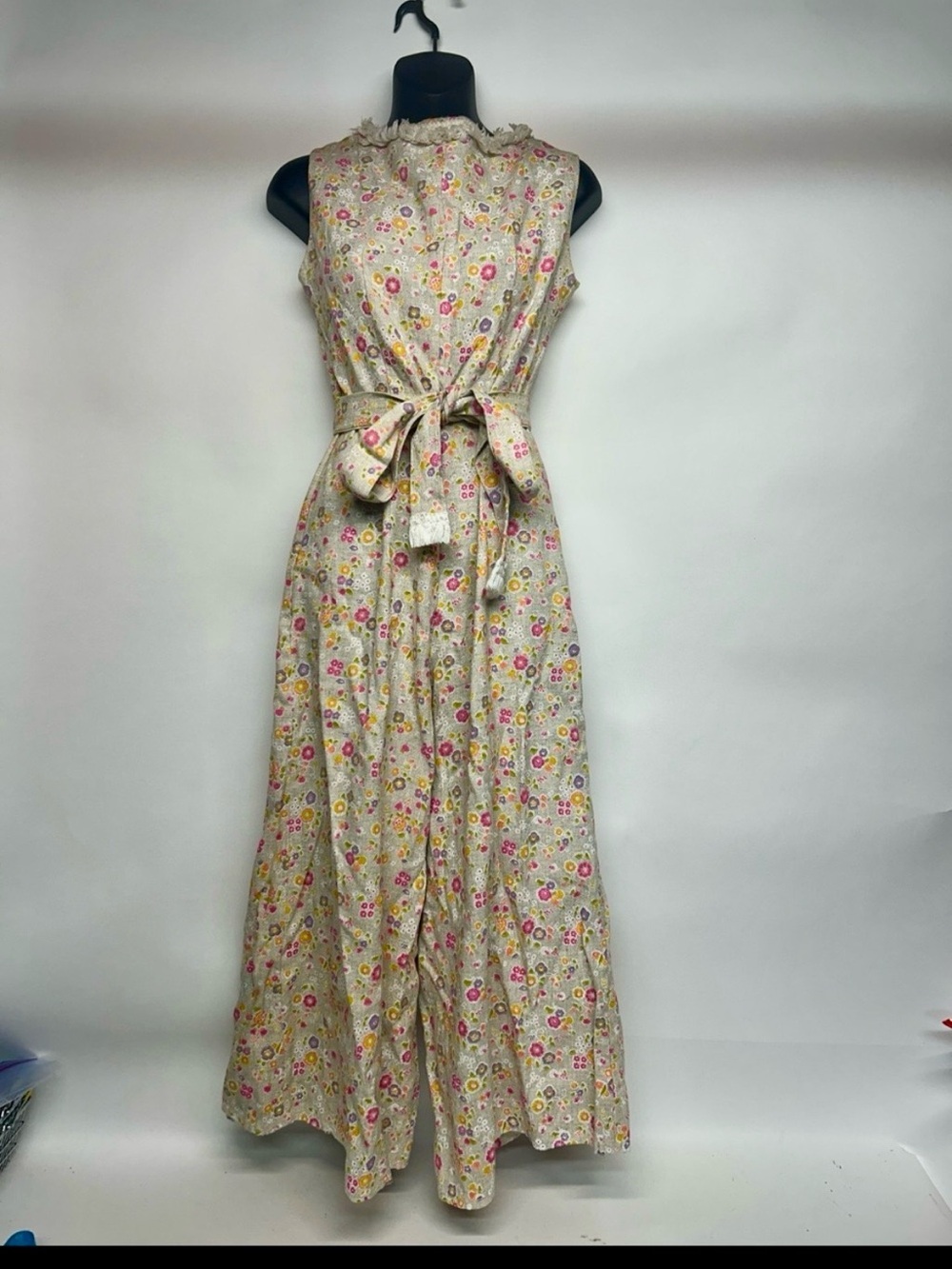 Floral Tie-Waist Sleeveless Maxi jumpsuit- Pink & Cream vintage size small